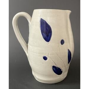 Vintage Williamsburg Pottery Pitcher Cobalt Blue Salt Glaze 6” Leaf Design